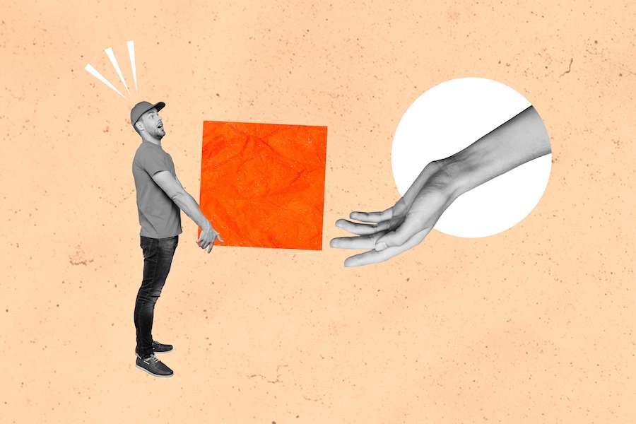 Creative,trend,collage,of,delivery,man,holding,big,red,cube
